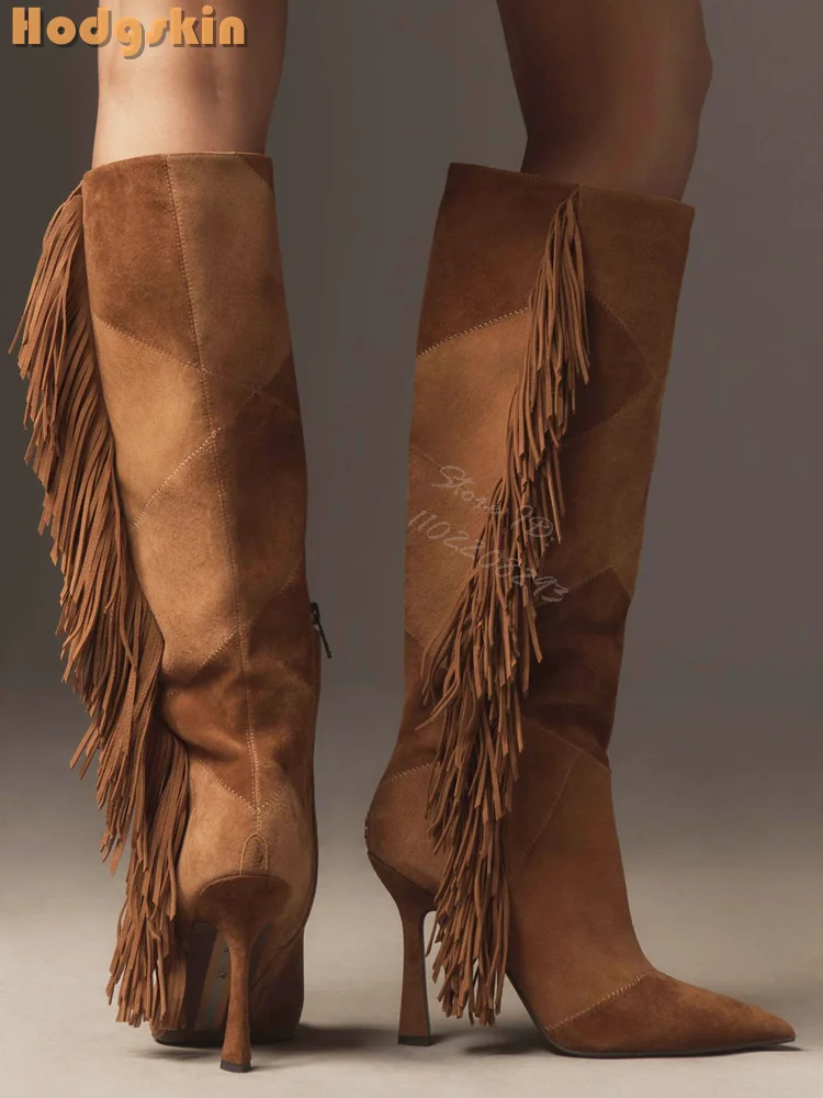 Vintage Brown Fringe Knee High Boots Suede Pointed Toe Thin Heel Western Boots Side Zip Cowgirl Evening Party Ladies Shoes 2026