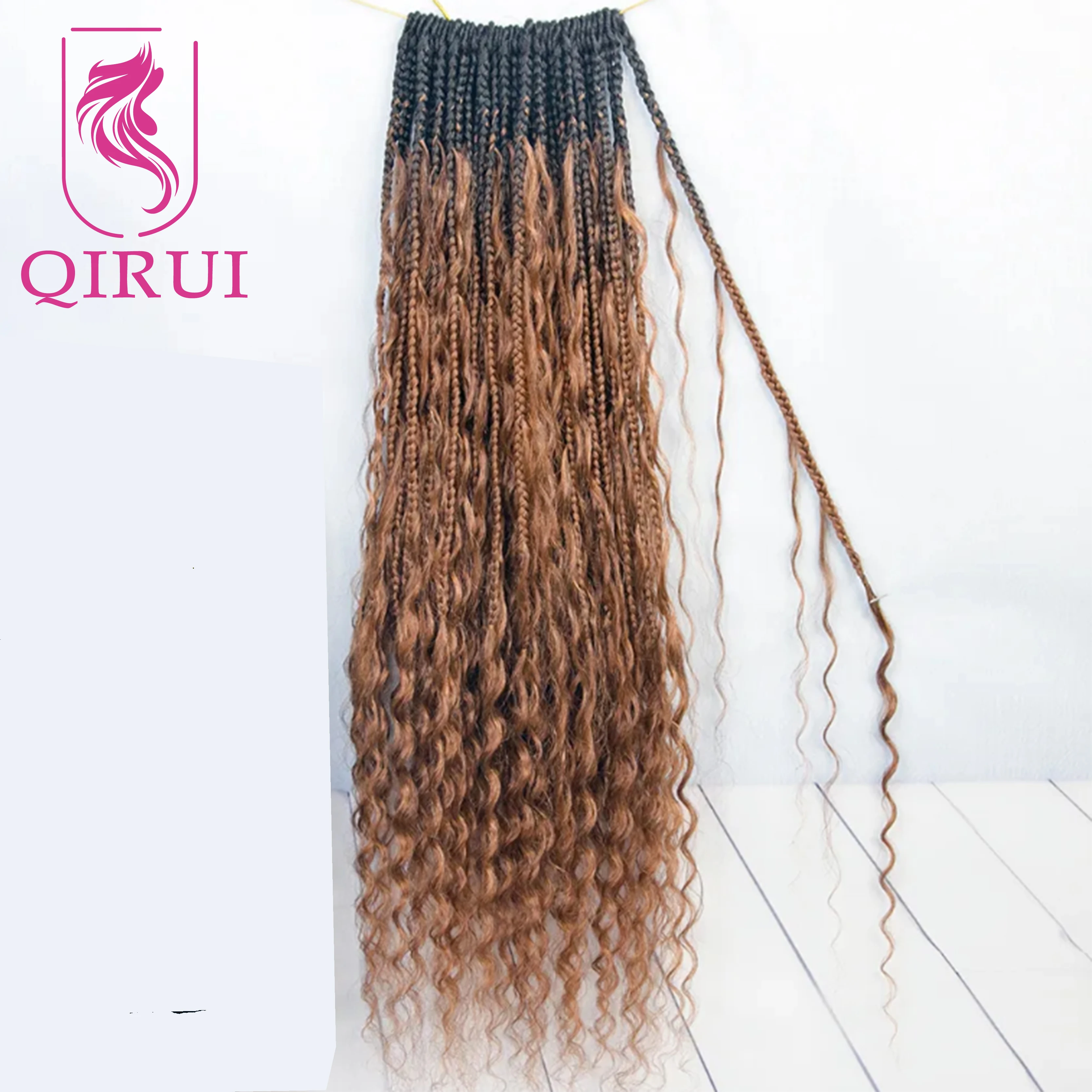 Ombre Brown #1B/30 Boho Crochet Box Braids with Human Hair Curls Deep Wave Pre Looped Box Braids Full Ends Hair Extensions