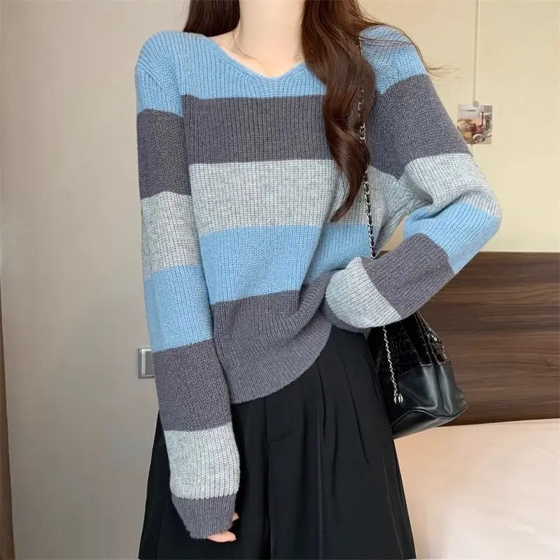 

Vintage Striped V-Neck Sweaters Female Clothing Contrasting Colors Autumn Winter Loose Casual Basic Long Sleeve Knitted Jumpers