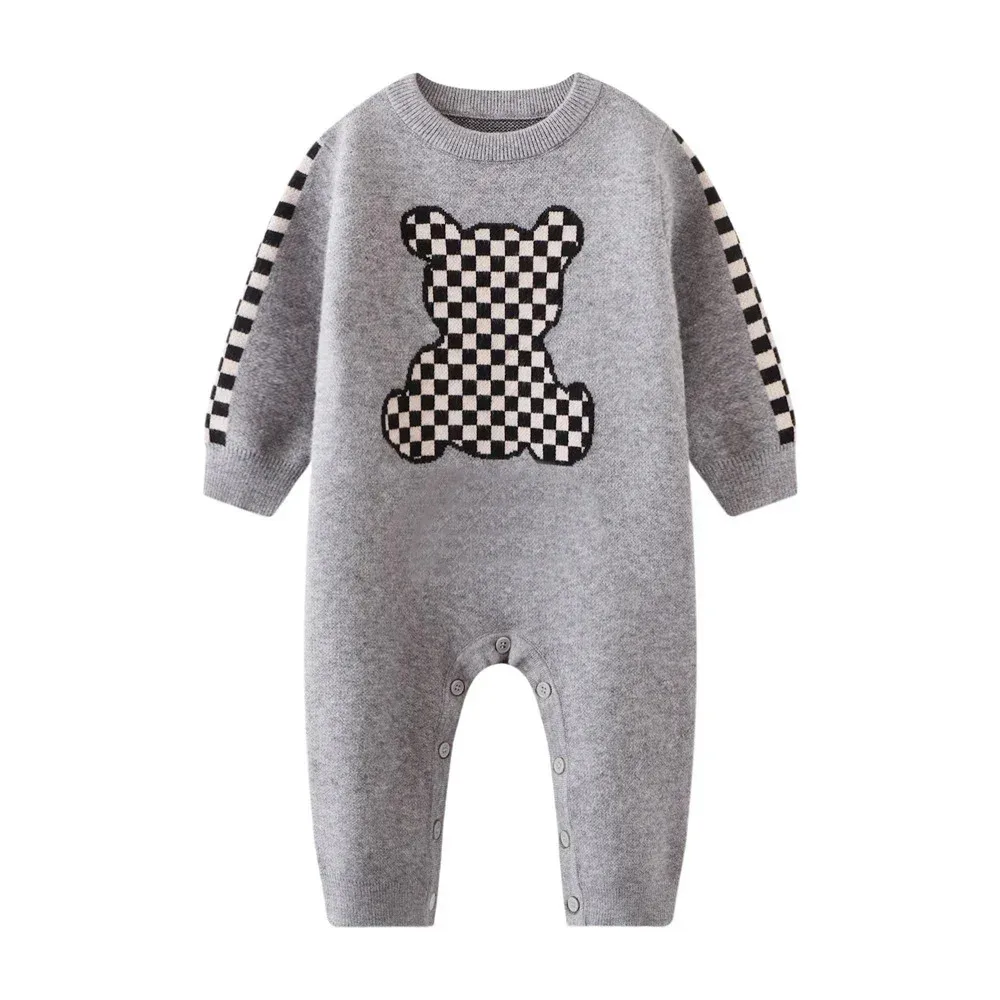 New 2025 Fashion Brand Kids Clothes Newborn Knit Sweater Brown Stripe Letter Style Toddler Baby Boy Girls Romper And Hat