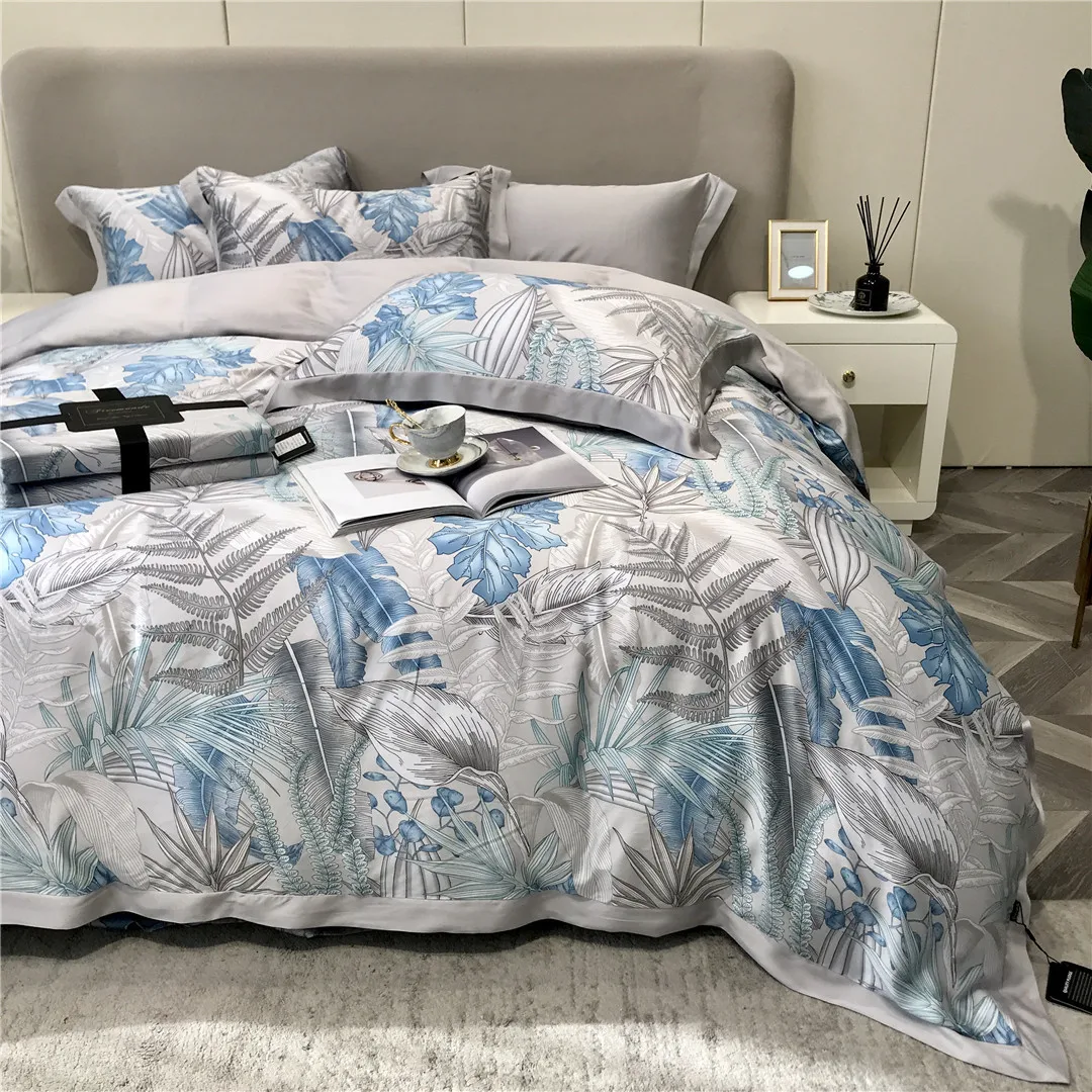 

2023 New Long Staple Cotton Plant Pattern Four-piece Bedding Household Must Four Seasons Universal Luxury Bedding Blue Gray