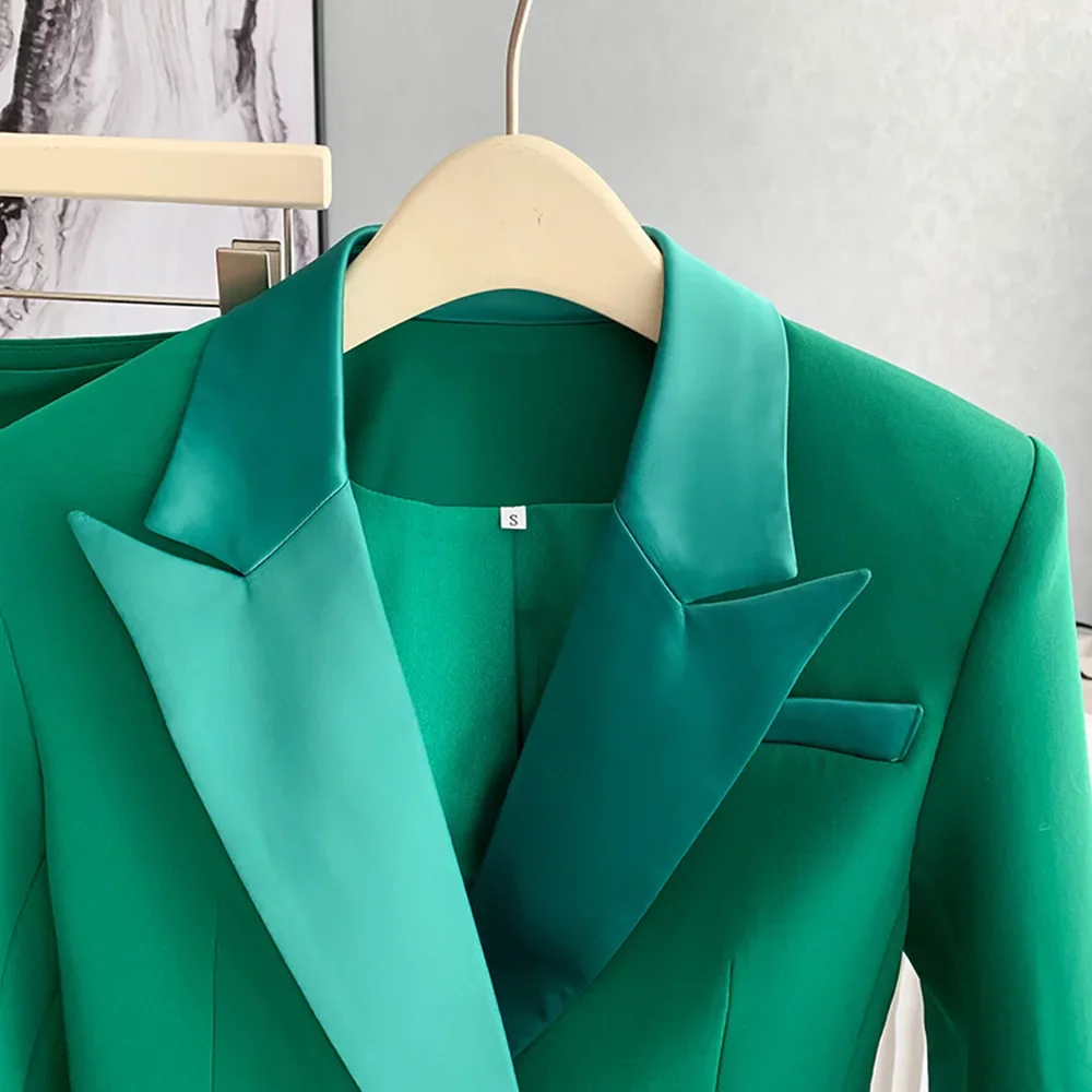 Green Women Suits Set 2 Pieces Blazer+Pants Cotton Jacket Female Spring Office Lady Work Wear Coat Single Breasted Prom Dress