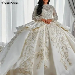 Modesto gola alta manga longa vestido de noiva brilhante lantejoulas contas vestido de casamento de luxo vestido de baile longo noiva robe novia