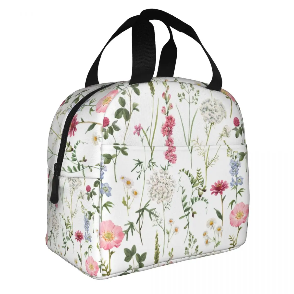 Watercolor Floral Delphinium Chamomile Poppy Lunch Bag Portable Insulated Cooler Bags Thermal School Lunch Box for Women Kids