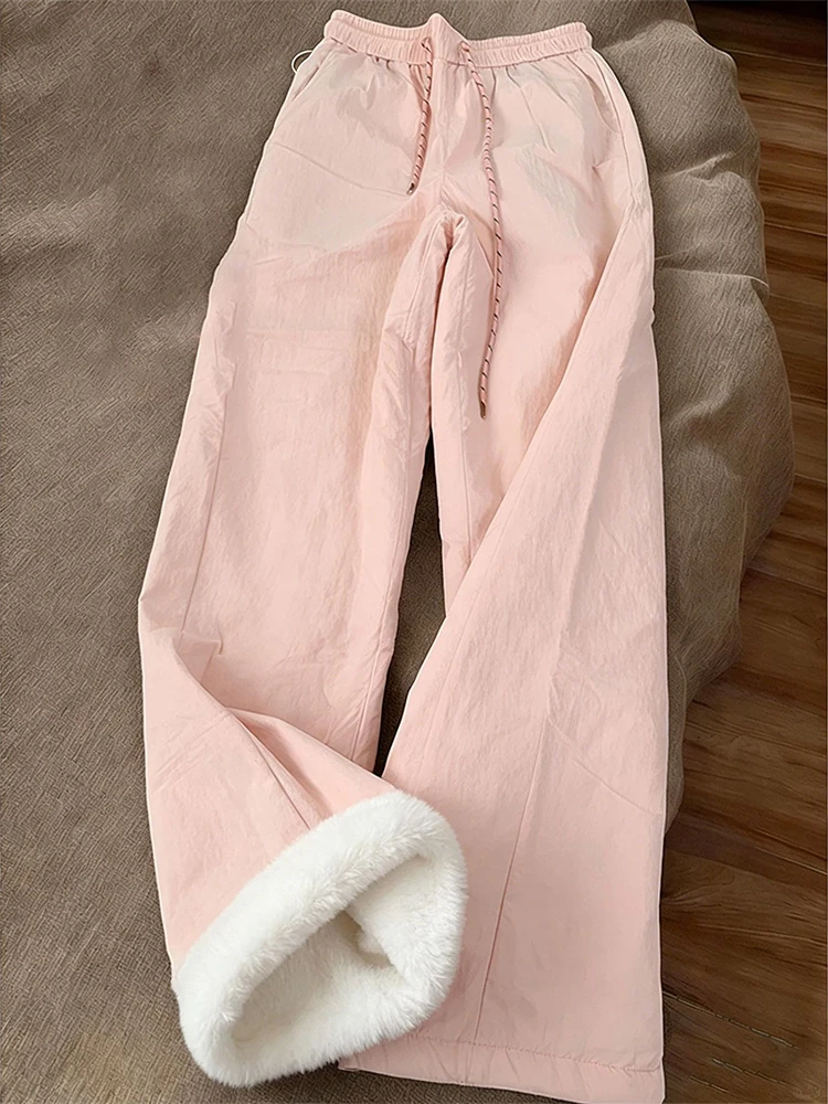 Thickened Lamb Velvet Cotton Pants for Men Winter Anti-Cold Snow Skiing Trousers Pink Color Warmth Windproof Straight Leg Jeans