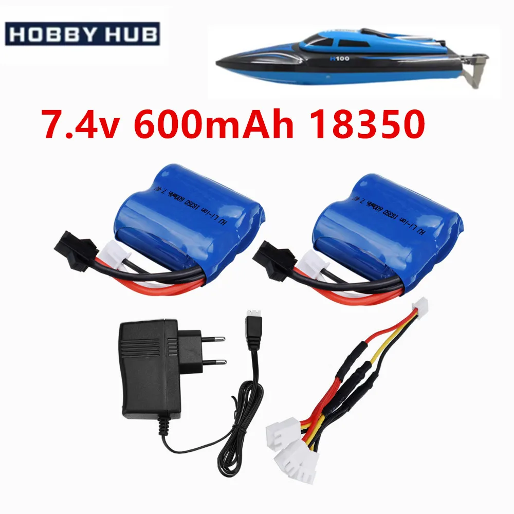 18350 7,4 V 600 mAh Li-Ionen-Akku und USB-Ladegerät für H100 H102 S1 S2 S3 S4 S5 Hochgeschwindigkeits-RC-Rennboot-Akku SM2P-Stecker-Akku