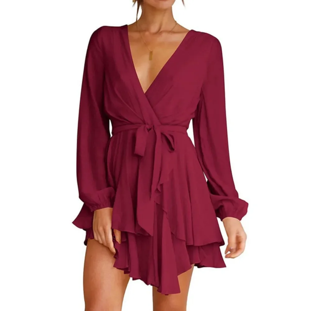 Ladies’ High Waist Irregular Skirt Hem Sexy Solid Color Commute Long Sleeve Deep V-neck Casual Elegant Fashion Mini Dress