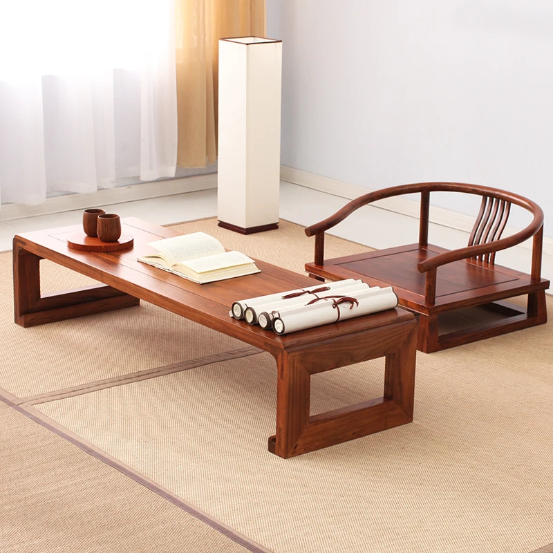 

Japanese tatami coffee table, low table, simple old elm tea table and chairs, combination Zen solid wood kang table, bay window