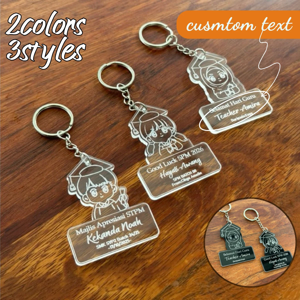 Custom Text Acrylic Cartoon Graduation Keychain, 2 Colors & 3 Styles Available, Perfect Gift for Graduates