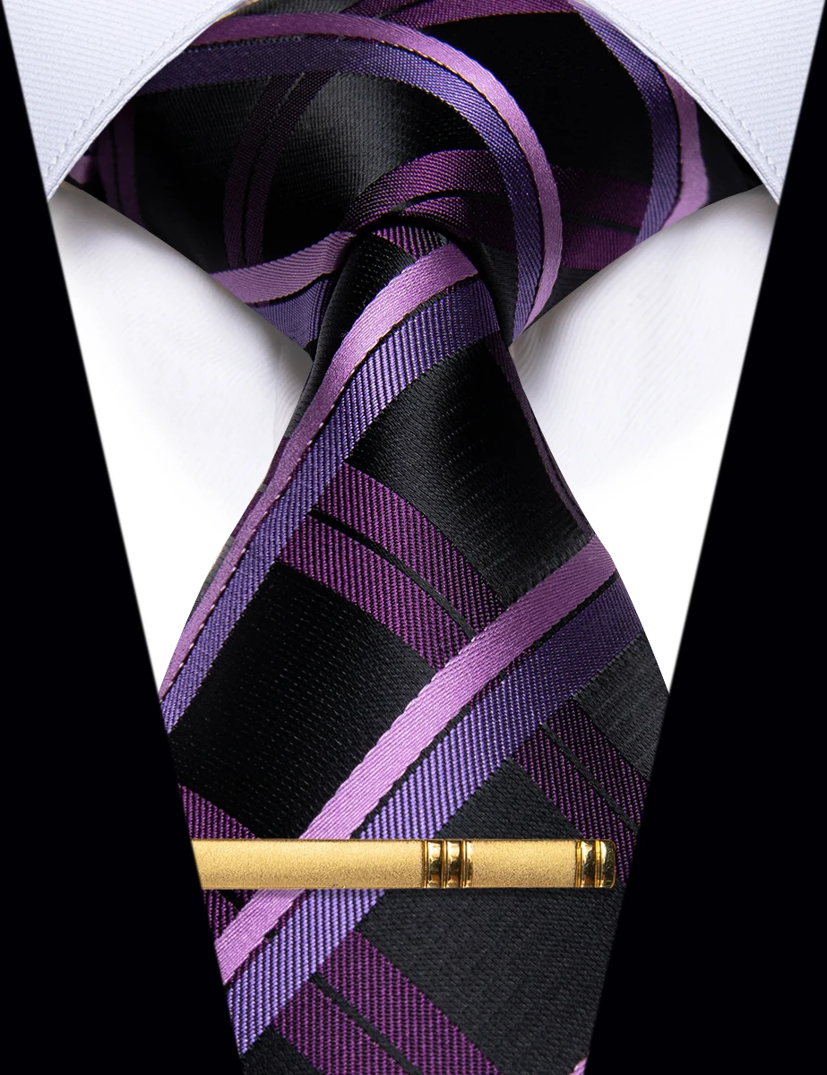 Classic Purple Pink Black Striped Men's Tie with Clip Luxury Silk Plaid Necktie for Man Accessories Wedding Marriage Free Ship