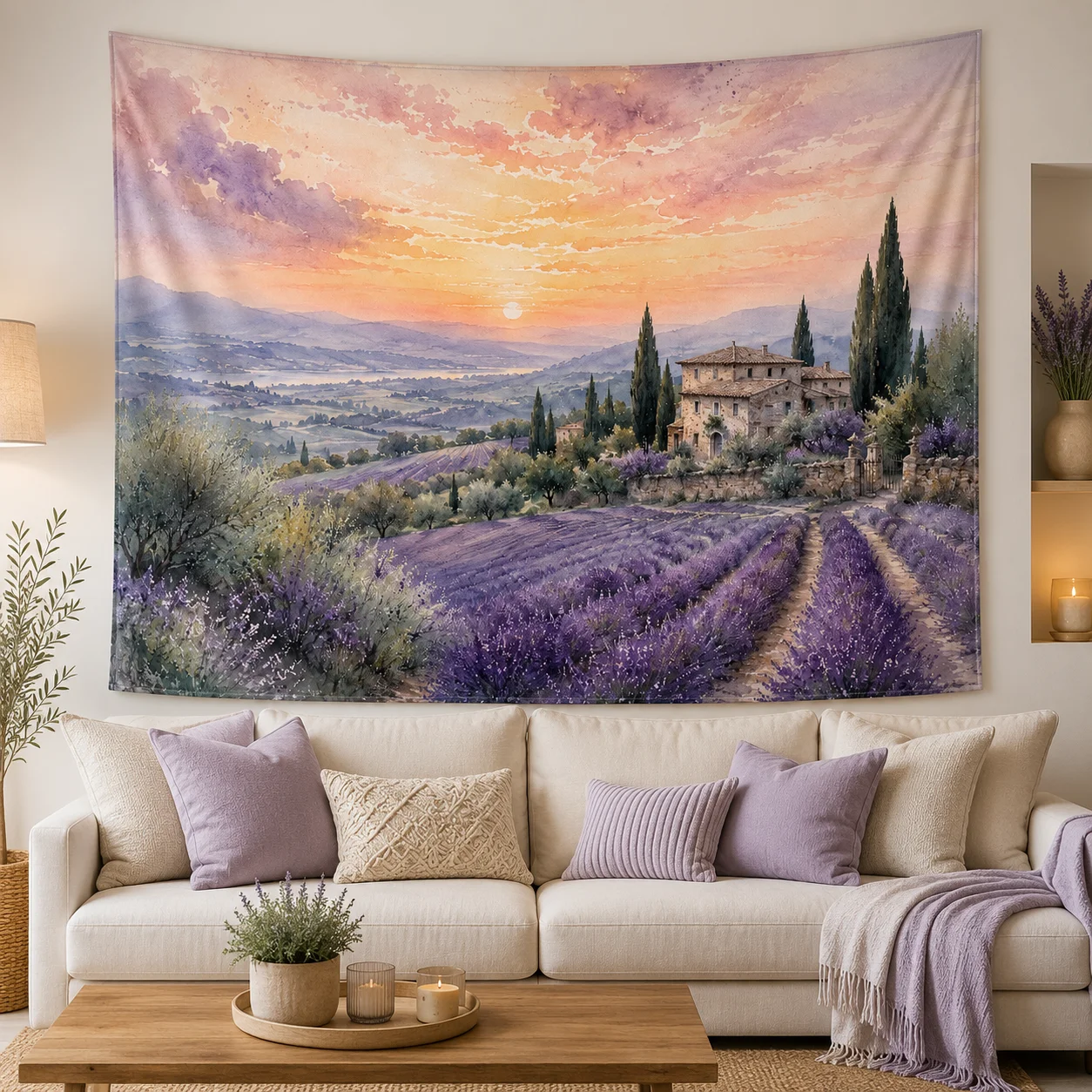 Tuscany Lavender Field Tapestry Italian Country Villa Sunset Wall Hanging, Live Streaming Background Cloth