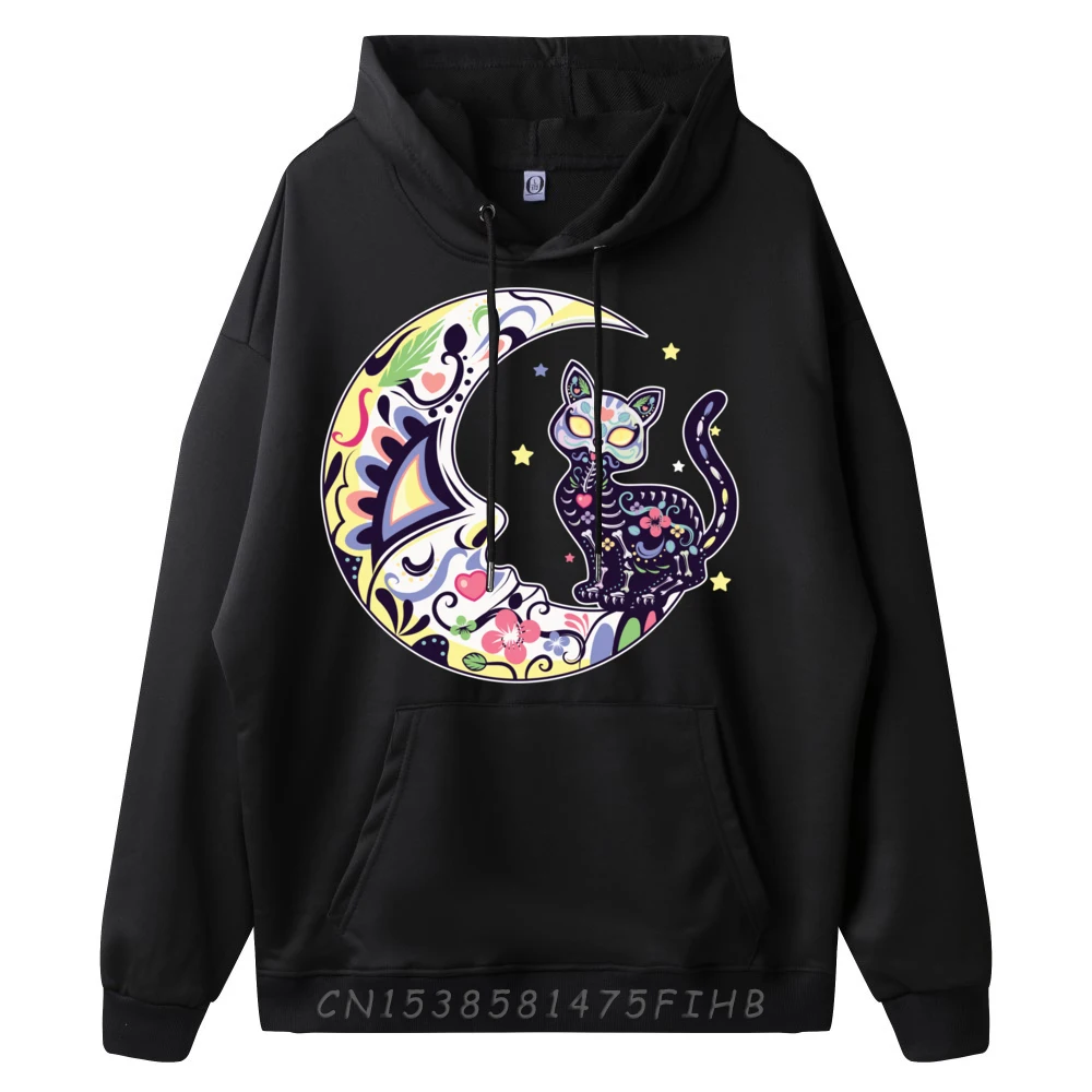 Cat And Moon Sugar Skull Dia De Los Muertos Day Of The Dead Street Wear Hoodies Christmas Shirt Sweater Big Size Vegan