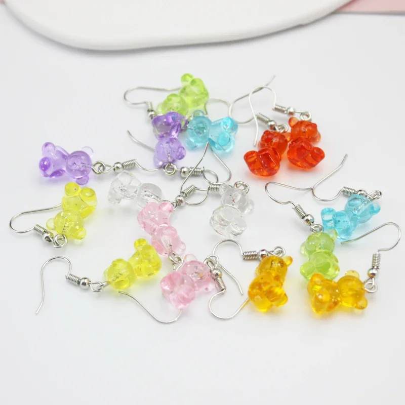 8 Candy Colors Acrylic Resin 3D Little Bear Drop Earrings Korean Exquisite Transparent GLITTER  Jewelry Accessories Girl Gift