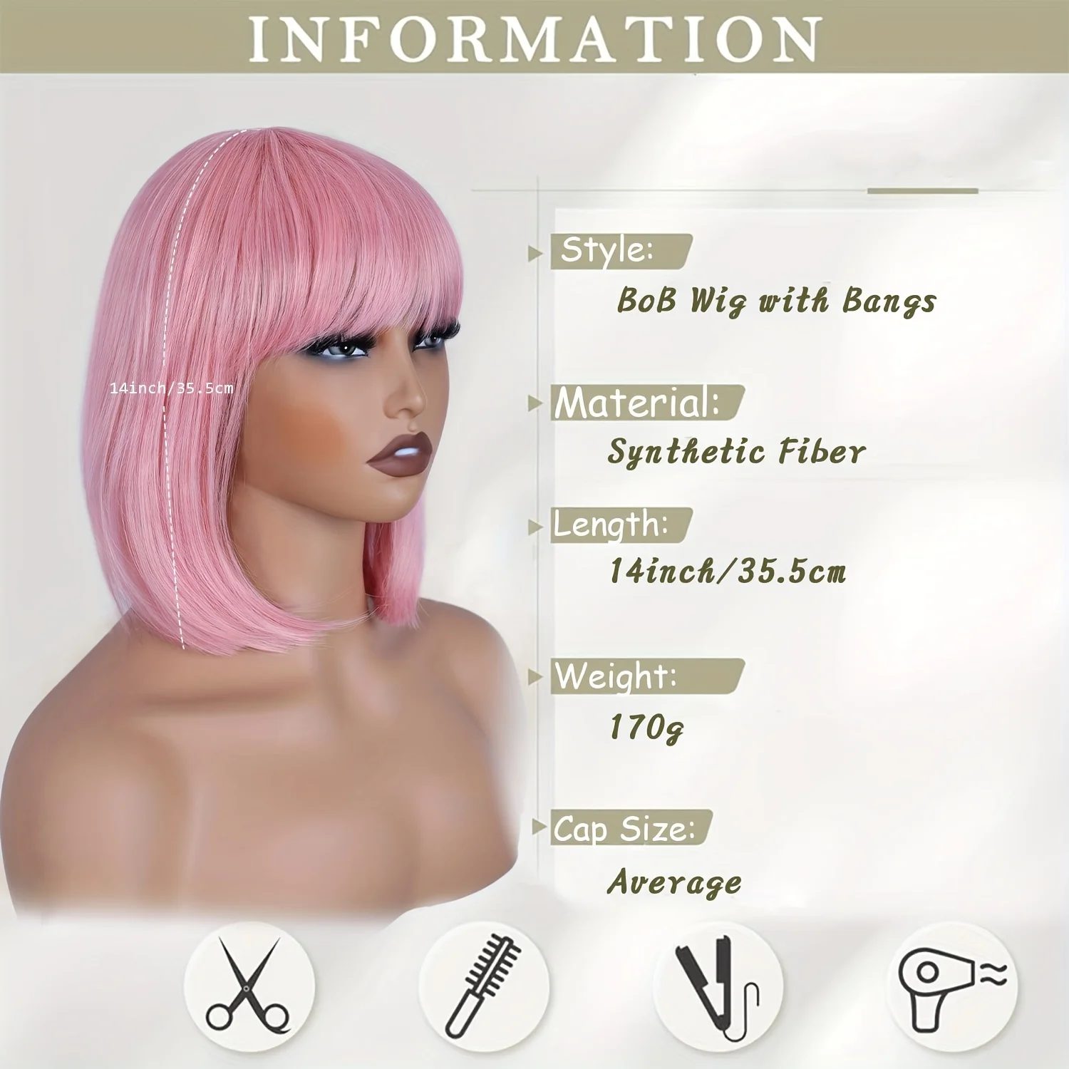 باروكة بوب قصيرة مستقيمة مقاس 14 بوصة باللون الوردي الزاهي مع غرة - باروكة صناعية مقاومة للحرارة، قبعة شبكية وردية للحفلات التنكرية اليومية للنساء #6