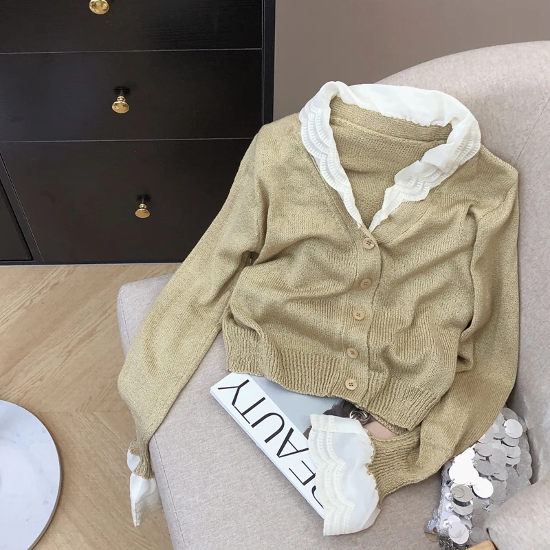 

Women's Lace V-neck Knitted Cardigan Spring Chic Slimfit All Match Sweater Soild Color High Quality Long Sleeved Top