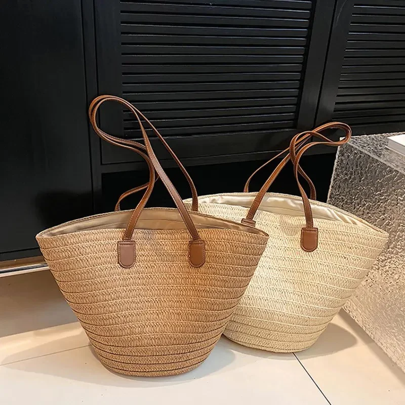 Casual Large Capacity Straw Basket Bag Weave Women Shoulder Bags Handmade Lady Handbags Simple Summer Beach Big Tote Bag 2024