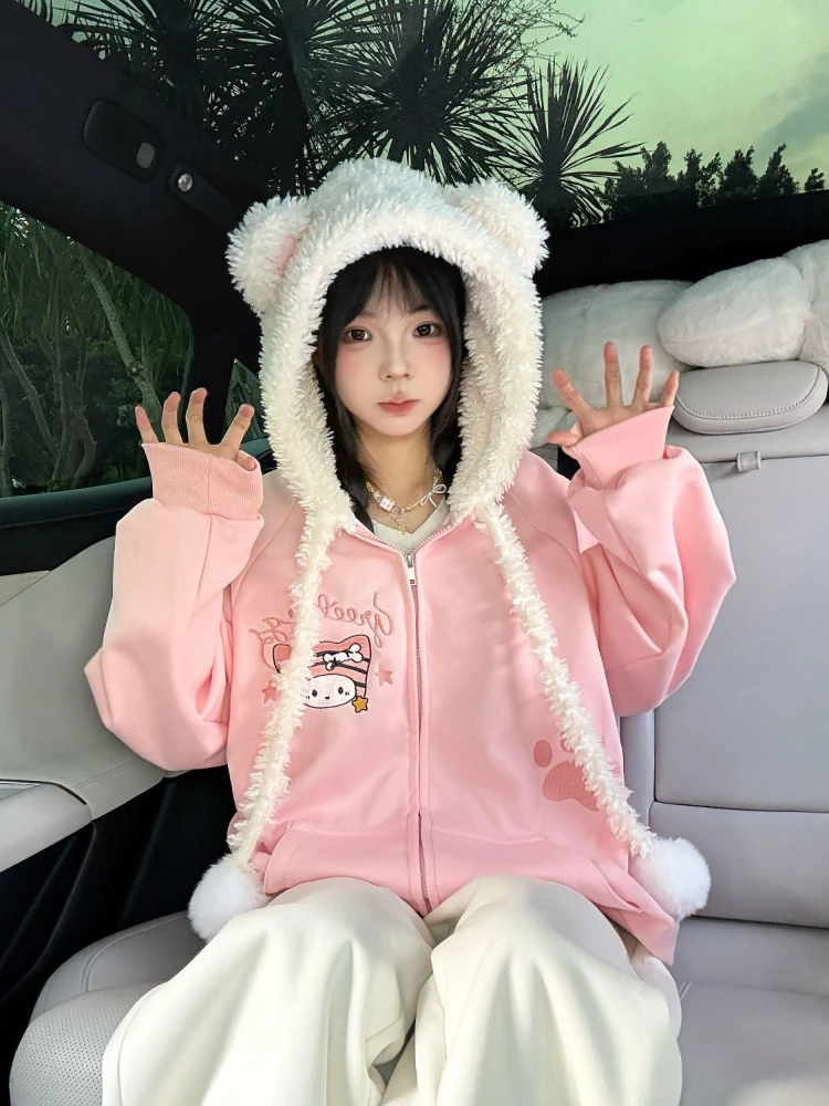 귀여운 일본식 루즈핏 긴팔 코트 여성용 가을 후드 지퍼 프린트 사랑스러운 오버코트 예쁜 따뜻한 패션 린트 후디