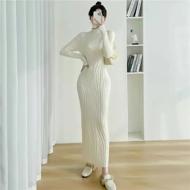 Solid Patchwork Half High Collar Long Sleeve Jersey Dress Elegant Fashion Harajuku Female Clothes Loose Casual All Match Dresses