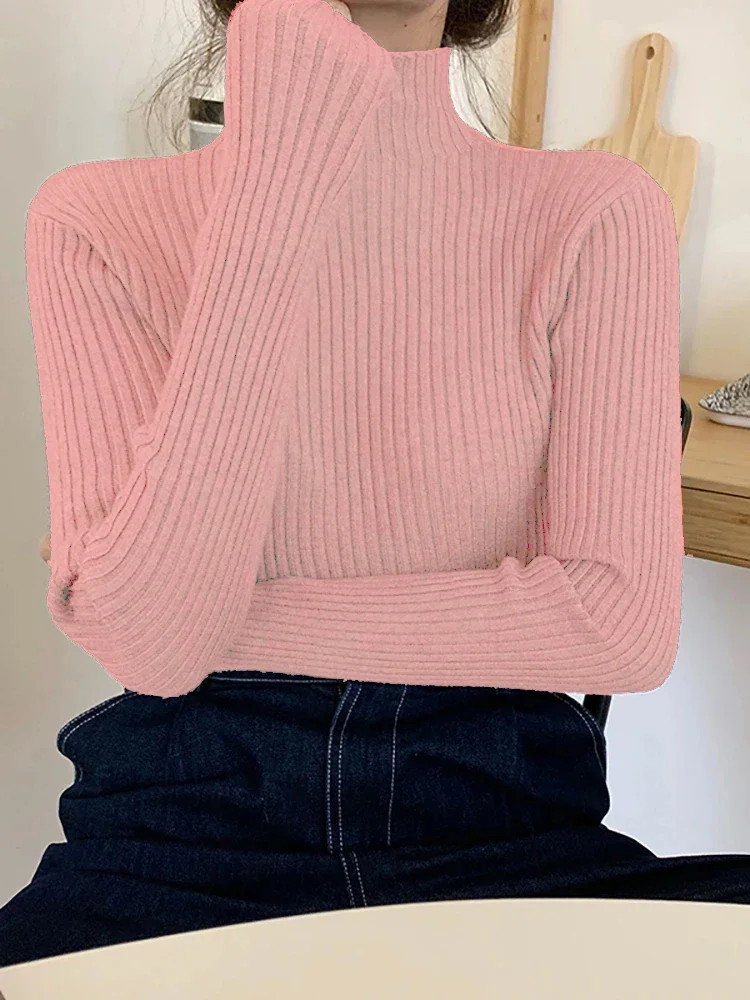 Sweater Rajut Wanita Terbaru 2026, Model Chic Musim Gugur Musim Dingin, Polos, Lengan Panjang, Kasual, Kerah Tinggi, Hangat, Basic, Atasan Jumper