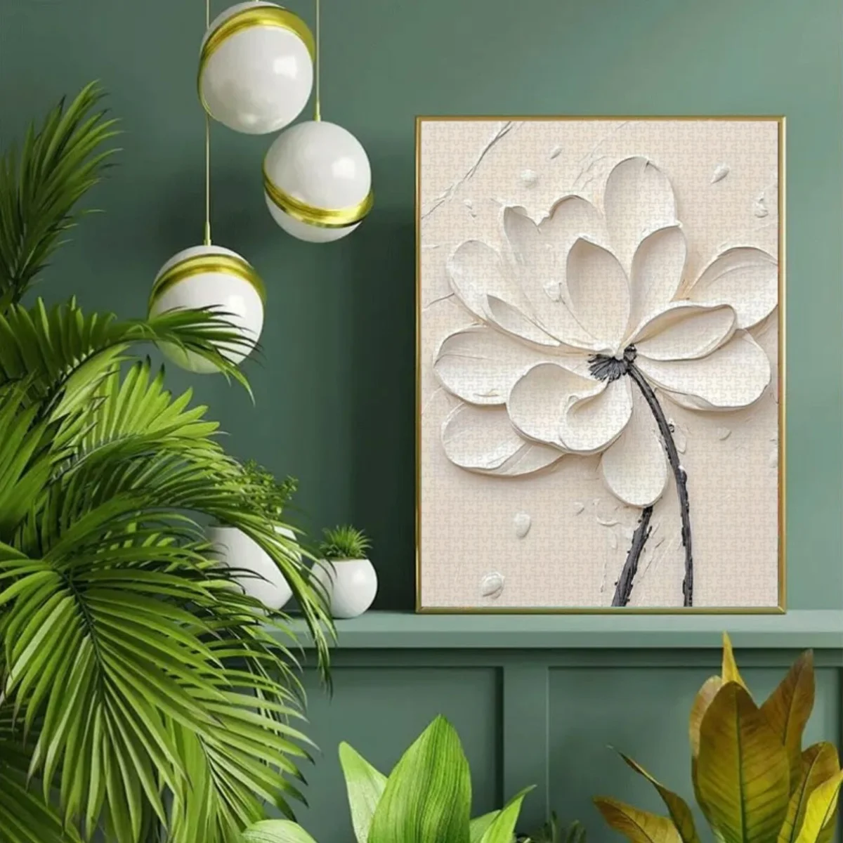 1000 قطعة من أحجية الكبار - ضربة فرشاة ثلاثية الأبعاد بيضاء لطلاء زيت اللوتس مع خلفية بيج، بتلات ذات طبقات، شفاء وقتي أنيق