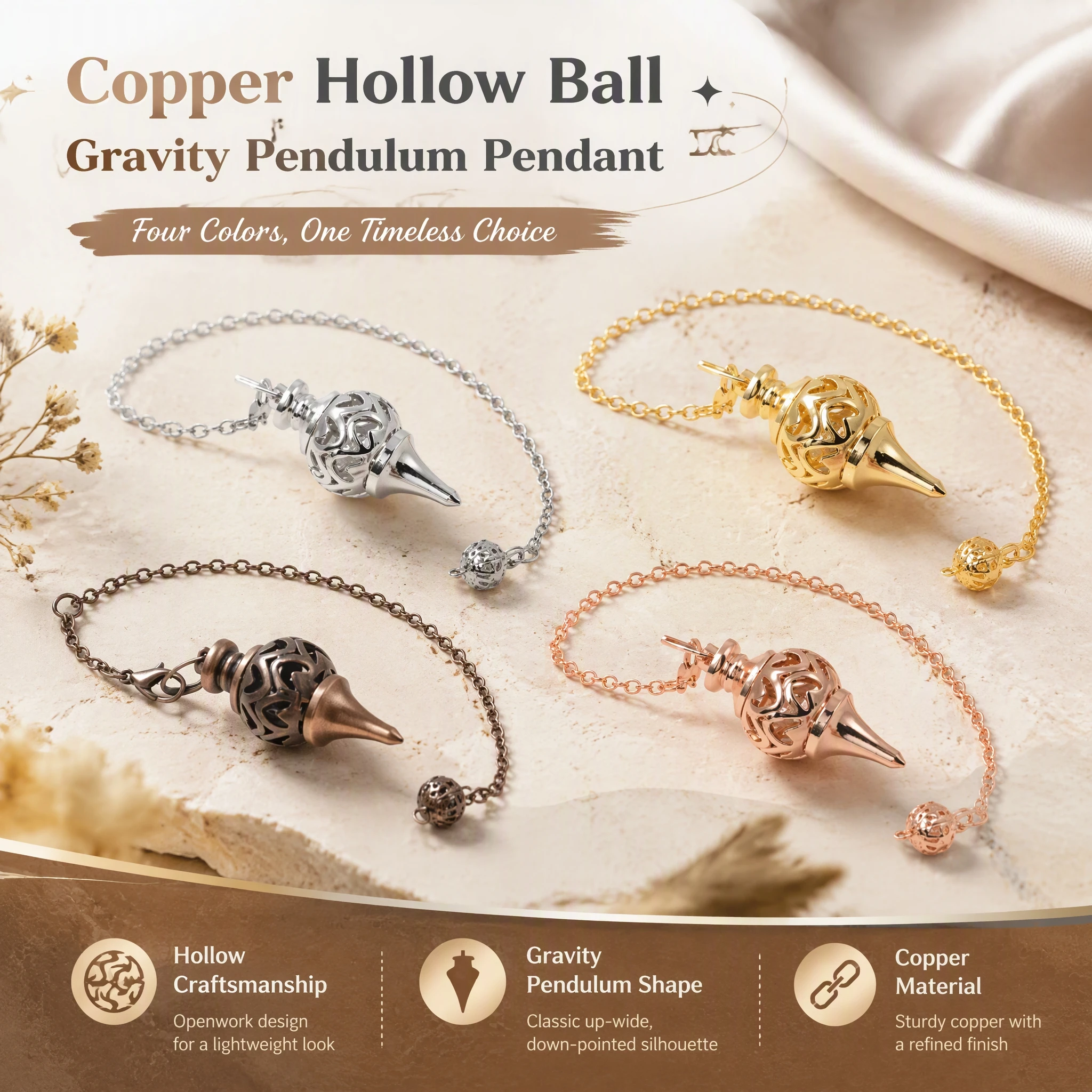 Metal Copper Hollow Ball Gravity Pendulum Pendant Openwork Small Charm Necklace Chain for Meditation Balance Focus Decor Gift