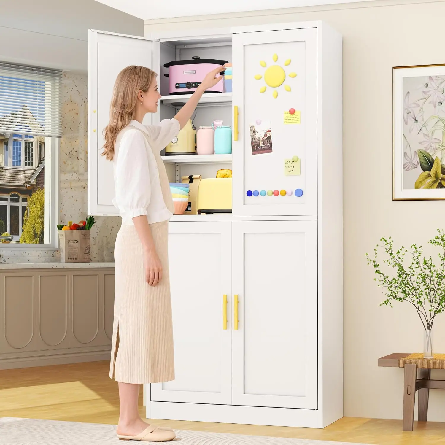 White Metal Storage Cabinet 71 Inch 4 Shelves & 4 Doors, Freestanding Pantry for Kitchen Living Room Dining Room, Customized