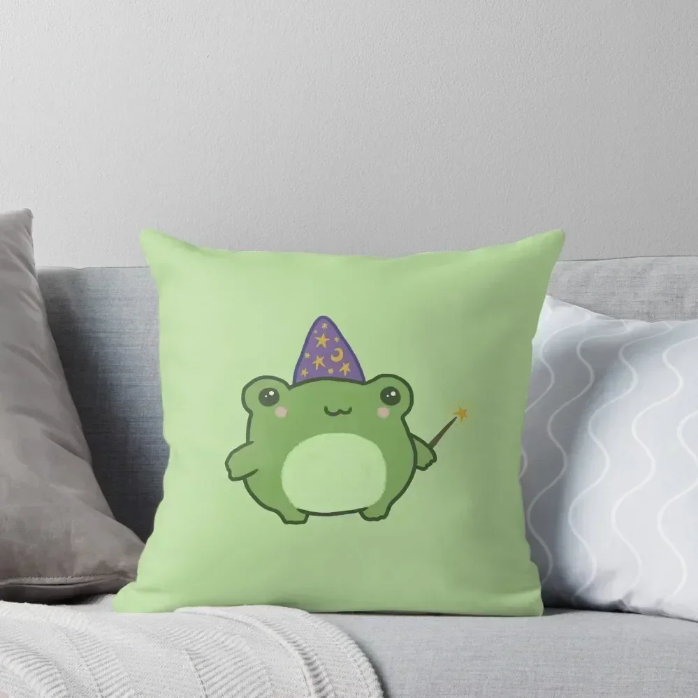 Chubby Frog Wizard: Cottagecore Kawaii Toad with Magic Wand, Purple Cap, Ideal Fantasy Gift for Teens and Kids Throw Pillow