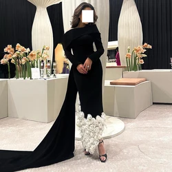 Bridesmaid Boat Neck Panel Train 3D Flowers Ankle Length Long Sleeve Contrast Color Off The Shoulder Bespoke Occasion Gowns