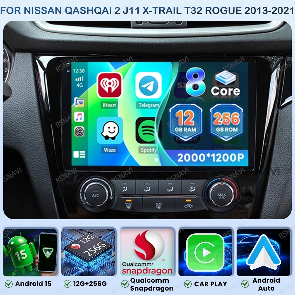راديو سيارة أندرويد 15 لنيسان قاشقاي 2 J11 X-Trail T32 Rogue 2013-2021 وحدة رأس Carplay Auto BT اللاسلكية 4G LTE DVD Qualcomm