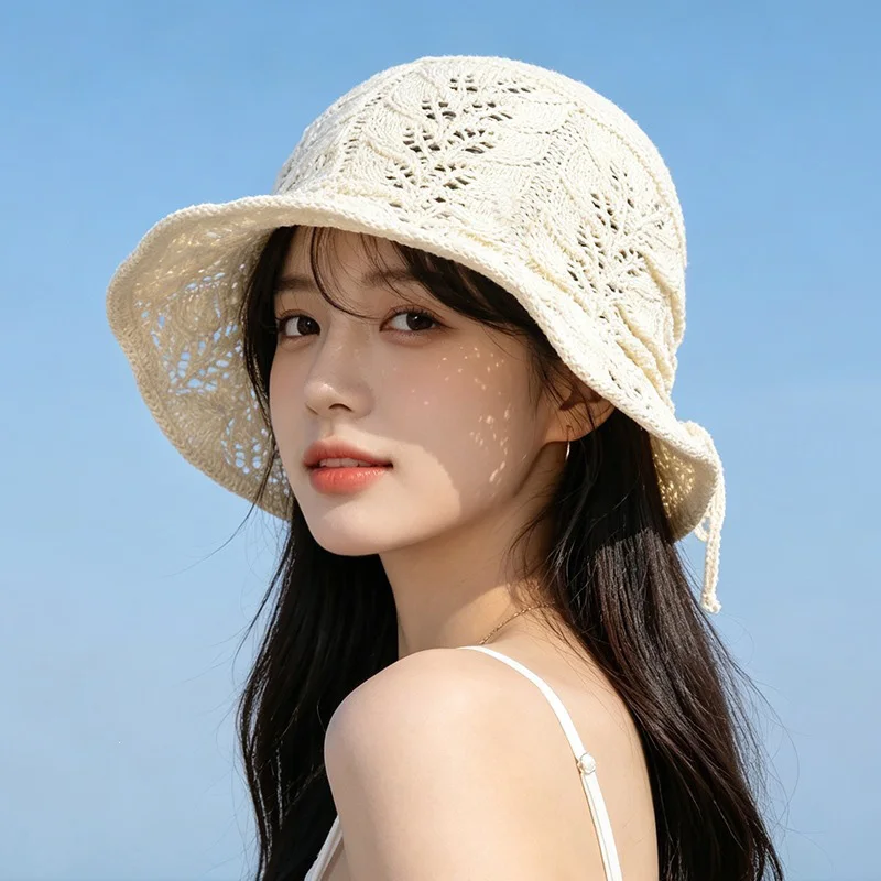 Spring and summer bowknot bucket hat for women, makes face look smaller, versatile sun-shielding knitted bucket hat