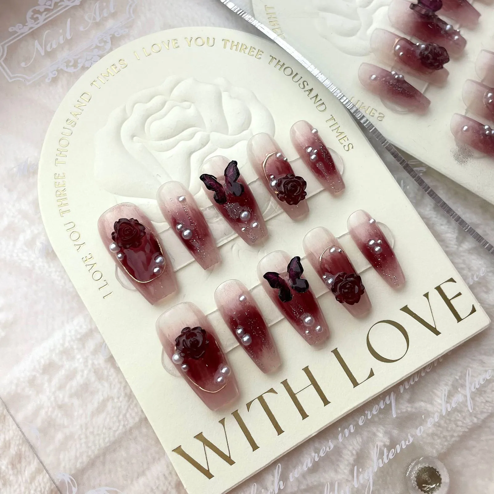 Handmade Wine Red Press on Nails with Pearls Sweet & Charming Reusable False Nails for Stage Performance Wear B99