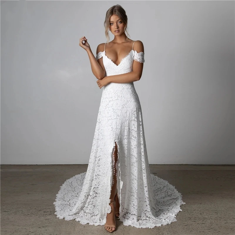 Vestidos de casamento vintage para mulheres, vestidos nupciais querida, apliques de renda, robe até o chão, fenda lateral sexy, 2024