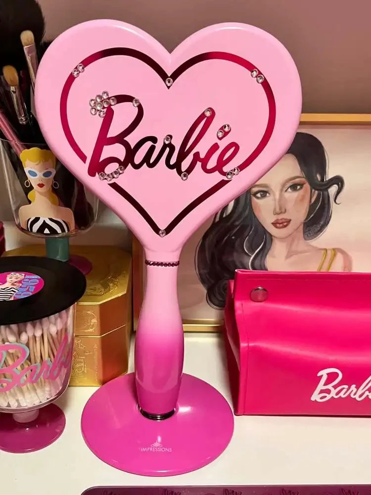 

Barbie Makeup Mirror Love Model Anime Figure Handheld Desktop With Led Light Portable Makeup Surrounding Mirror Cute Decor Gifts