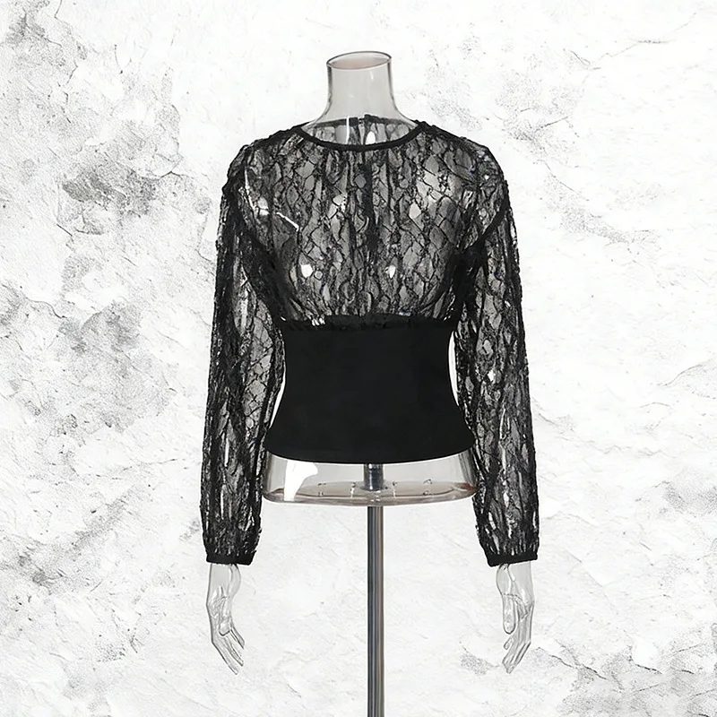 ZAMOR HIGH STREET Women's 2026 New Sexy Street Style Long Sleeve Round Neck Fashion Lace See-Through Design Base T-Shirt
