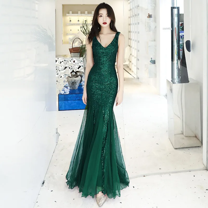 Gaun Malam Pesta Elegan dan Modis untuk Tamu, Gaun Prom Panjang untuk Wanita, Gaun Maxi Pesta Musim Panas dengan Kerah V Seksi dan Punggung Terbuka, Gaun Pernikahan Berpayet