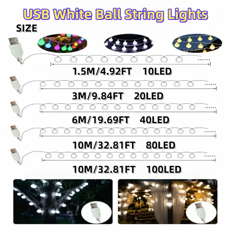 USB White Globe Ball String Lights, LED Fairy Lights for Bedroom Wedding Christmas Party Home Decor Christmas Decorations