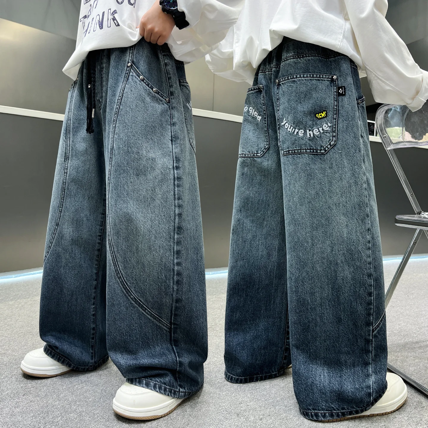 Spring Autumn Trendy Brand Boys Loose Wide Leg Denim Long Pants Stylish Handsome Casual Jeans for Teen Kids Daily Street Wear