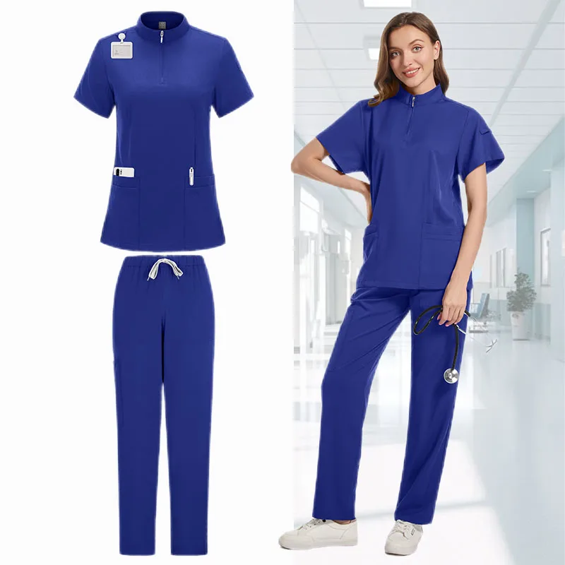 ممرضة فرك مجموعة الدعك الطبية موحدة النساء غرفة العمليات التمريض الملابس جيب أعلى السراويل 2 قطعة دعوى صالون تجميل ملابس العمل