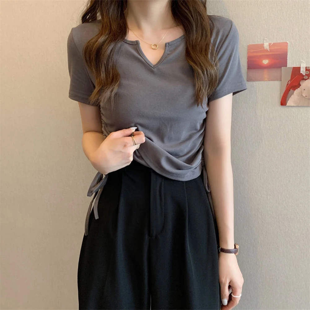 

Top Women T Shirt Daily Holiday Casual Draw String M-2XL Polyester Short Sleeve Slight Stretch Solid Color Summer