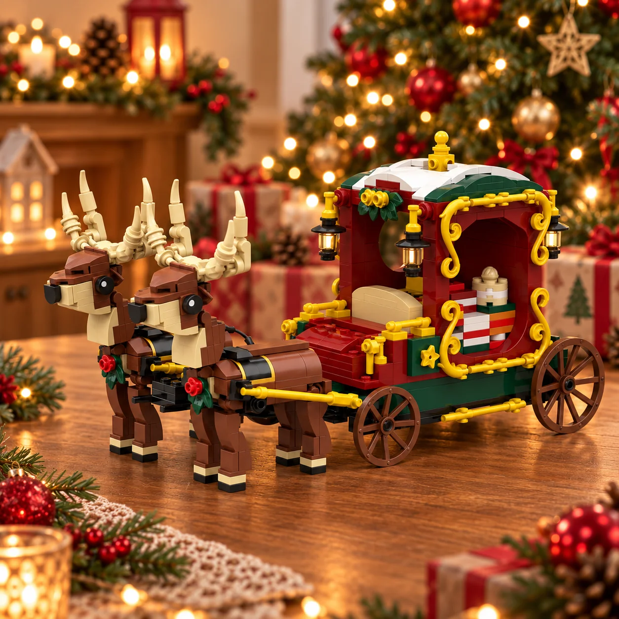 Christmas Building Blocks Santa Reindeer Gift Carriage Bricks Set DIY Assembly Model Toy for Adults Holiday Gift Decor