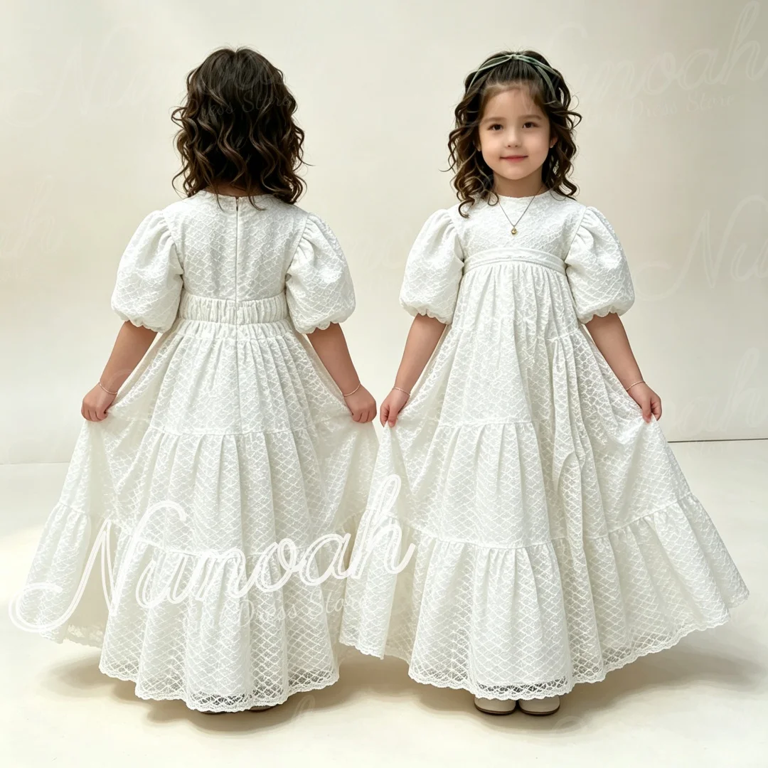 White Milk Lace Flower Girl Dresses For Wedding Half Sleeves Floor Length Girl Birthday Party First Communion Gown Customized