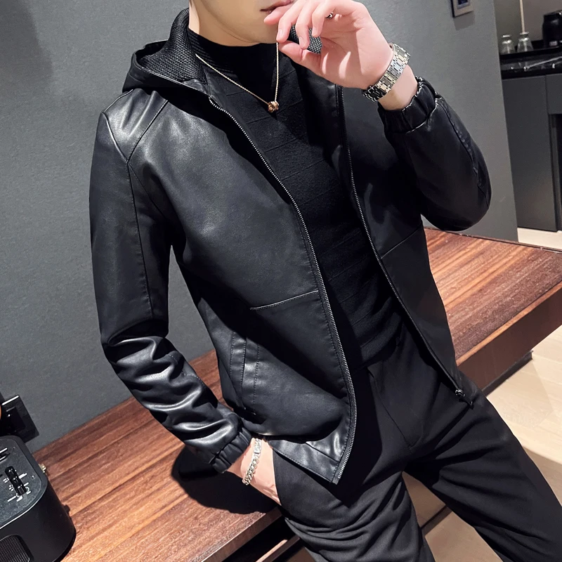 2023 Hip Hop Men Hooded Leather Jacket Plus Size 5XL Slim Fit Black Motorcycle Leather Coats Autumn Korean Mens Biker Clothing