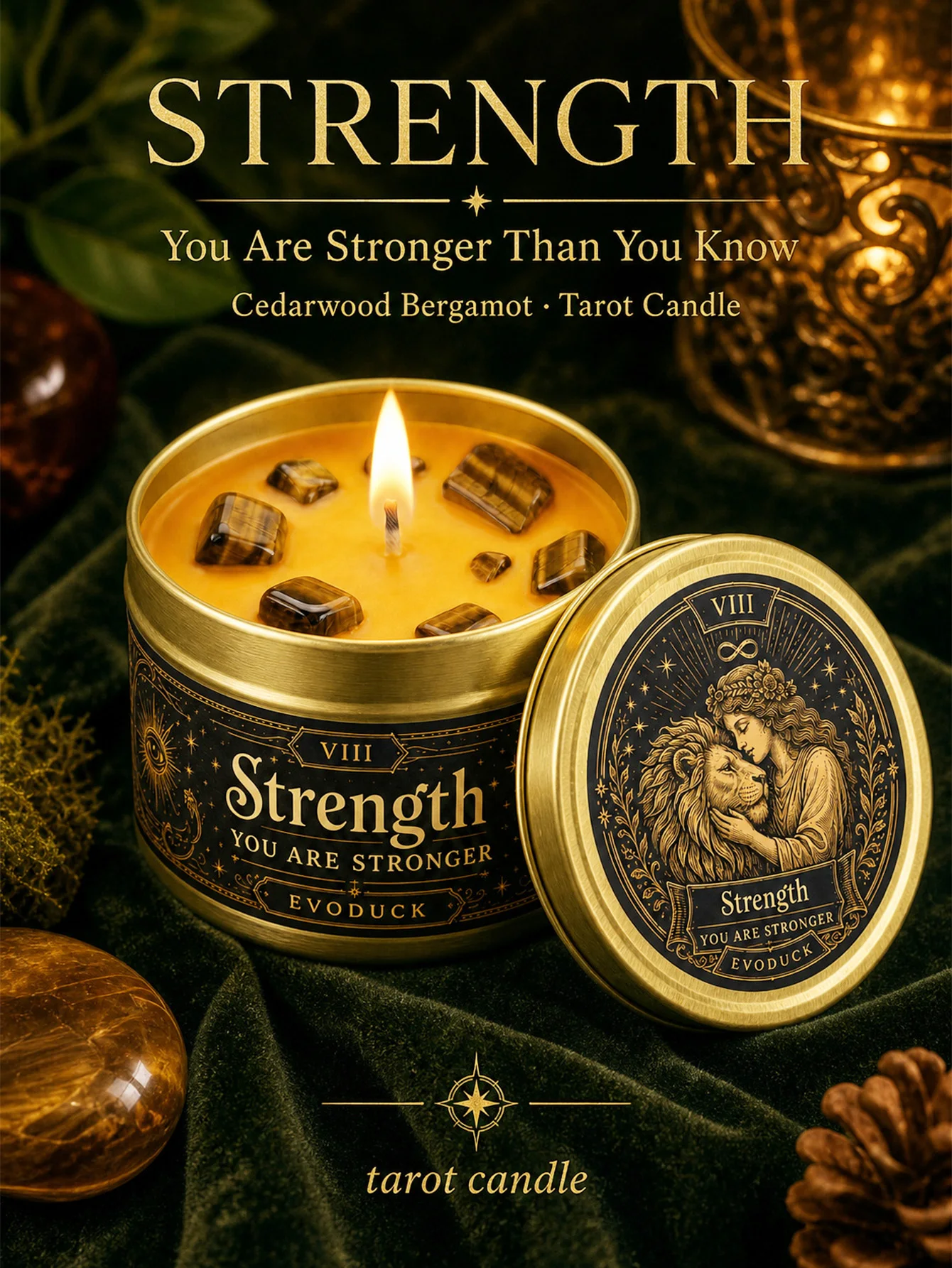 EVODUCK Strength Tarot Candle, Cedarwood Bergamot Scented Candle with Tiger Eye Crystal Stones, Gold Tin, You Are Stronger Spiritual Ritual Candle for Meditation, Courage Confidence, Witchy Home Decor, Get Well Birthday Christmas Gift for Women Men