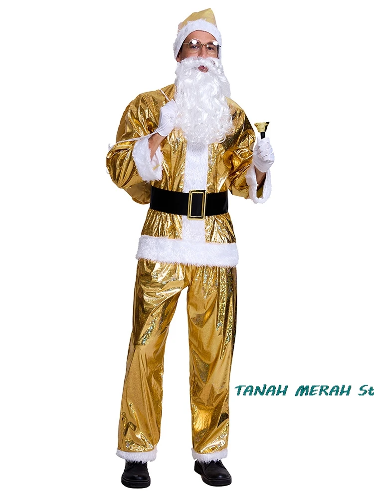 Gold Christmas Santa Claus Costume Men Gold Beard Top Cloth Pants Hat Belt Beard Halloween Dress Up Suit Cosplay Festival Outfit