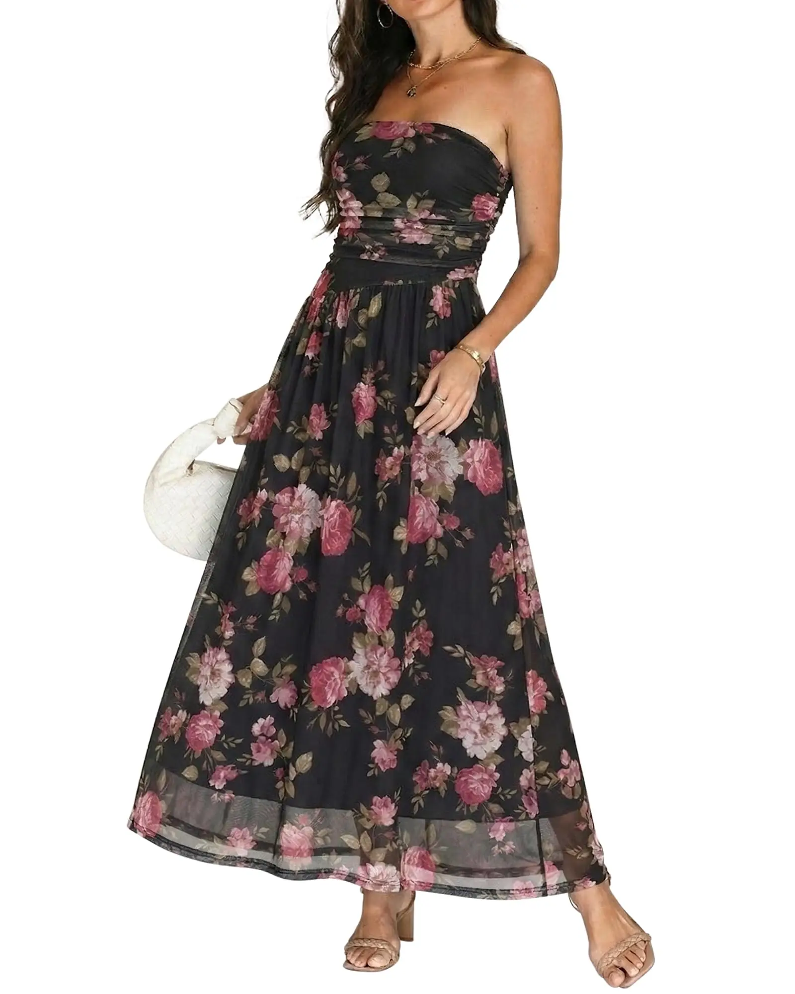 Floral Wedding Guest Dresses for Women Mesh Long Flowy Formal Dress