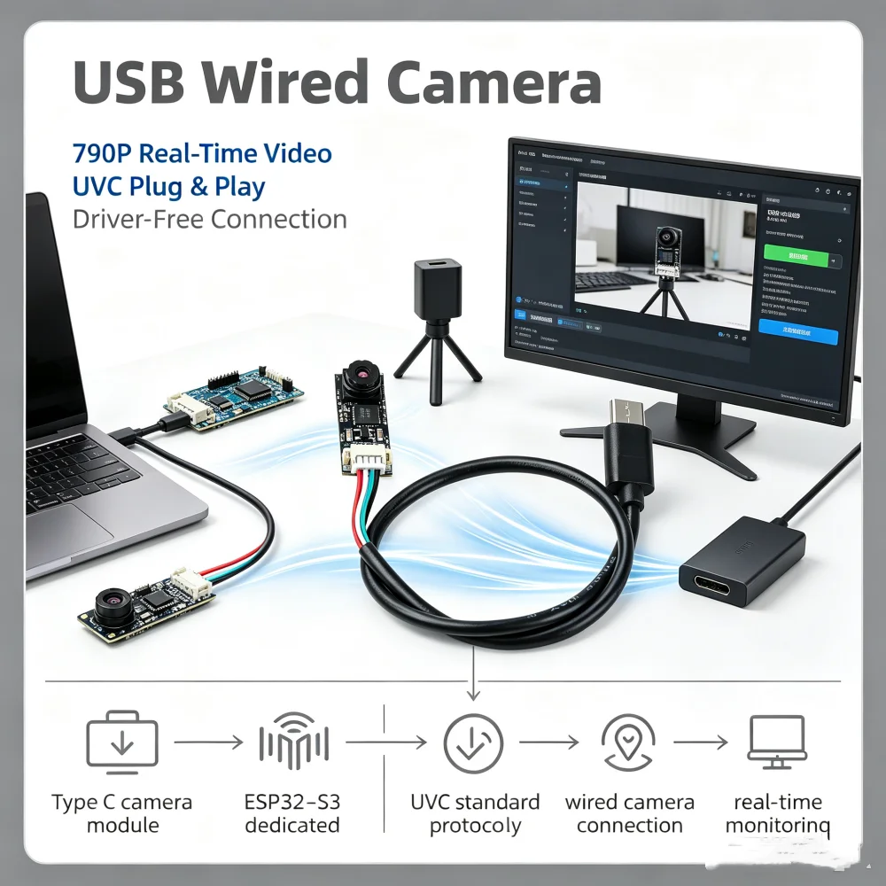 Mini USB Type-C Port Camera Module for ESP32-S3 Development Board Support Window Android System 65 Degrees 720P 1280*720