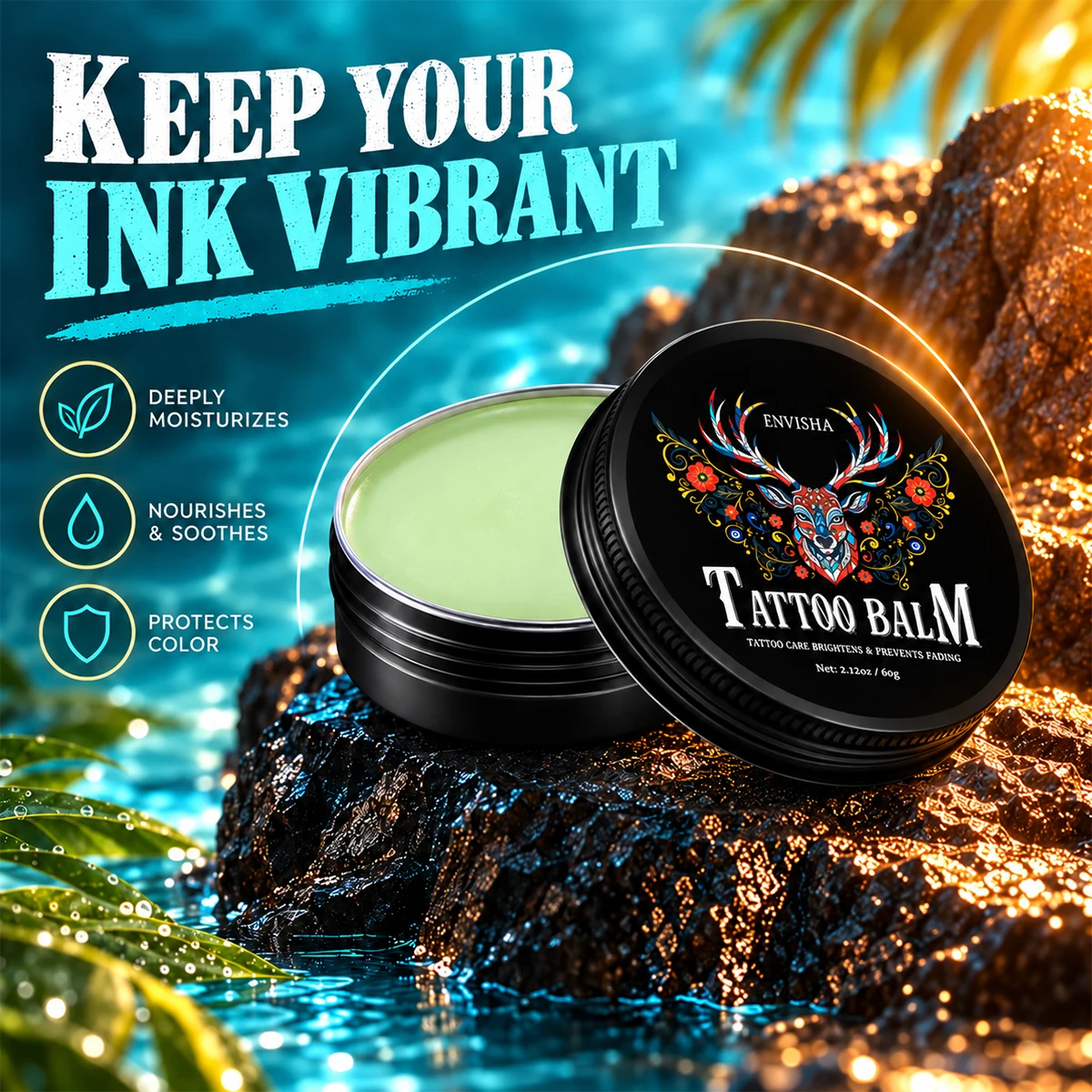 Tattoo-Hautpflege-Balsam-Creme, tiefenwirksam feuchtigkeitsspendend und nährend, für die Anwendung nach dem Tätowieren, hellt auf, sorgt für eine langanhaltende Farbfixierung, reizt nicht. – Detail 8