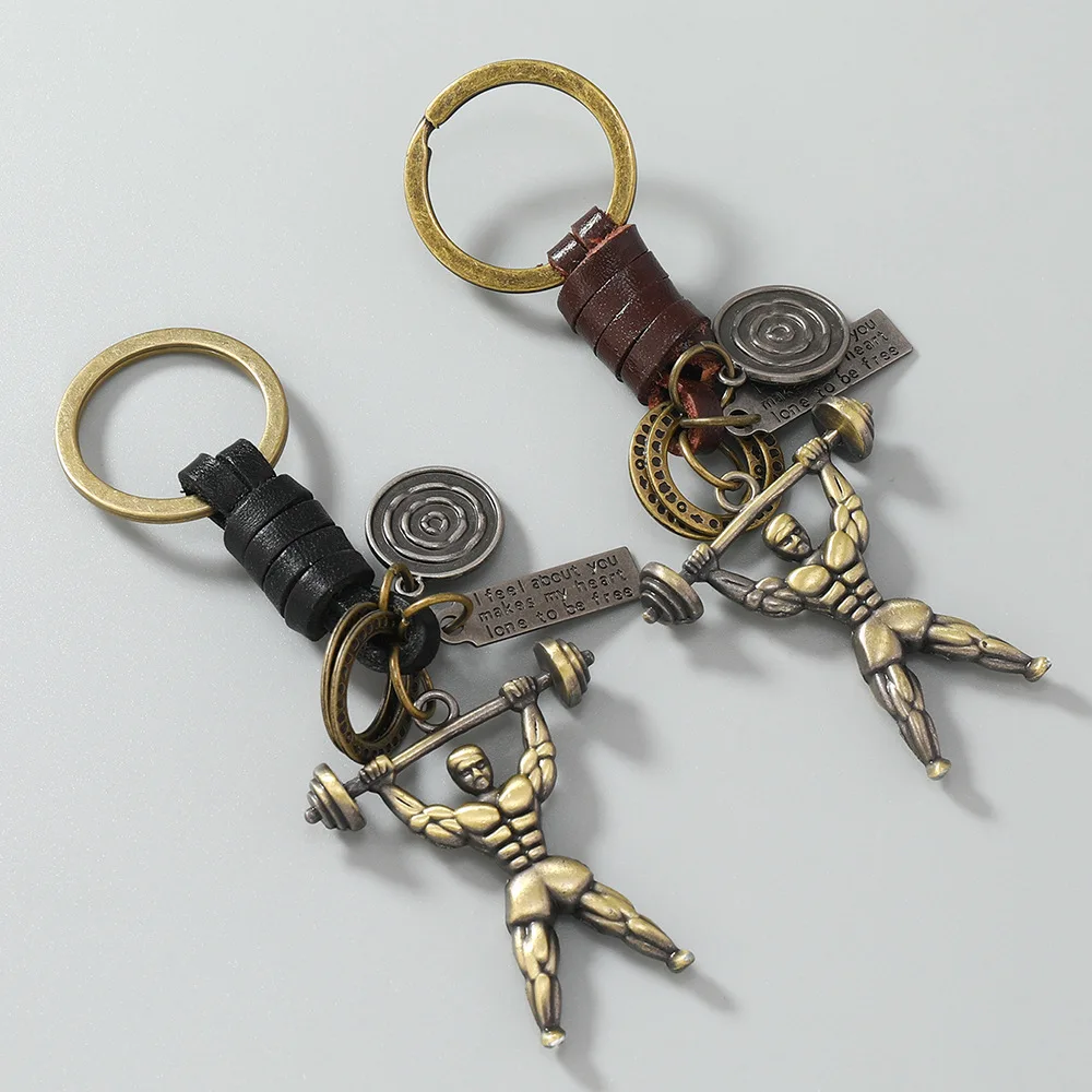 New style creative keychain - alloy vintage leather keychain - sports weightlifting woven pendant - accessory for both men and w