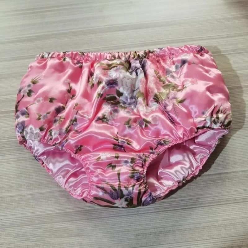 수제 여성 팬티 핑크 새틴 광택 코튼 브리프 시시 플로럴 프린트 코튼 패딩 따뜻한 파티 섹시 코스튬 팬티