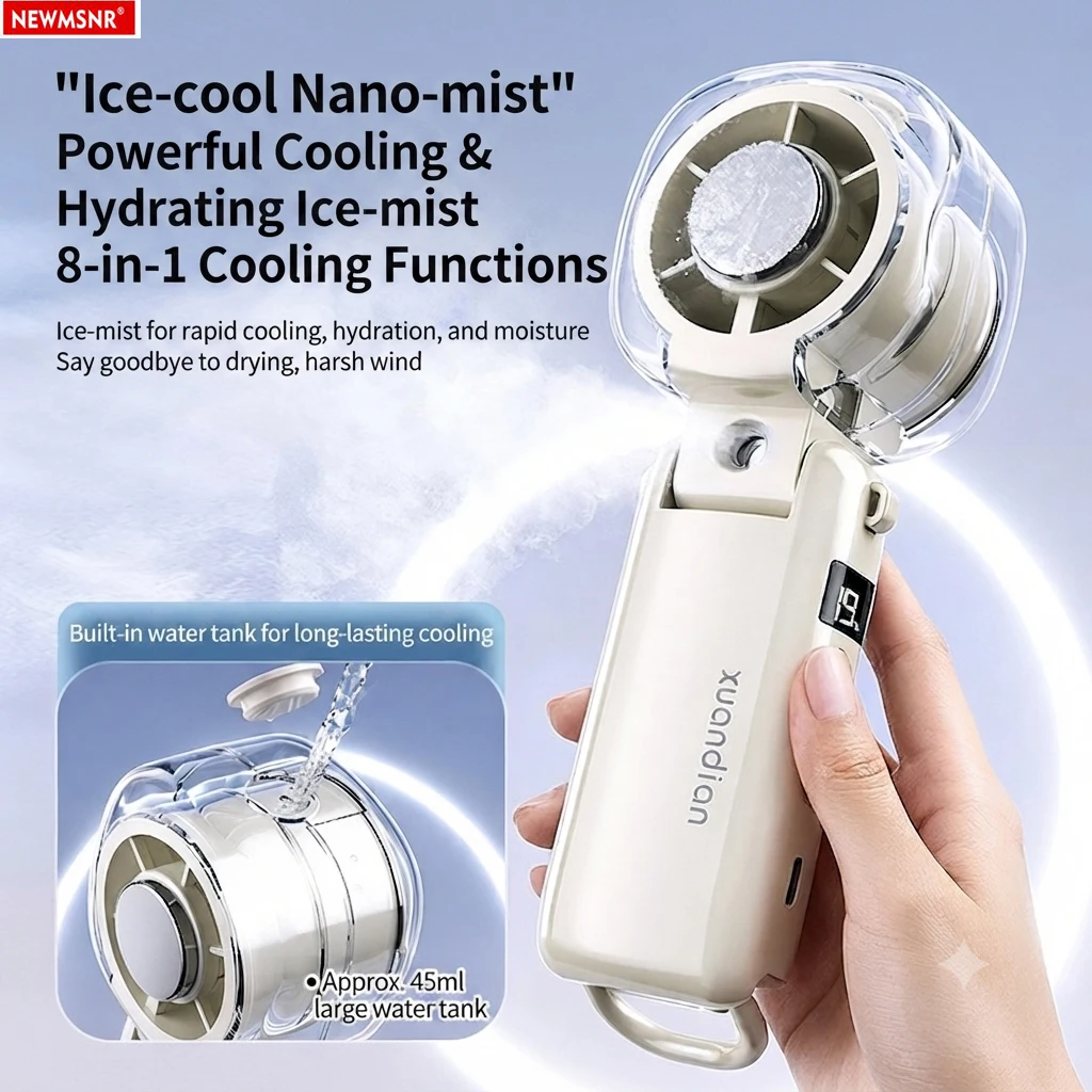 3-in-1 Ice Cooling Mist Spray Fan Foldable Portable Handheld Fan Rechargeable Mini Fan LED Display 199 Speeds for Work Travel
